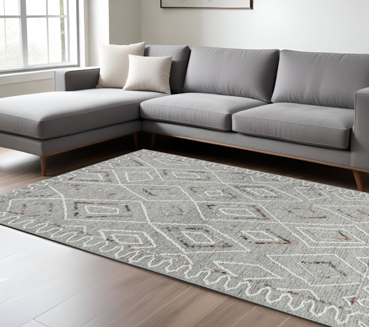 570333 8 x 10 ft. Gray Ivory & Rust Wool Geometric Hand Hooked Rectangle Area Rug