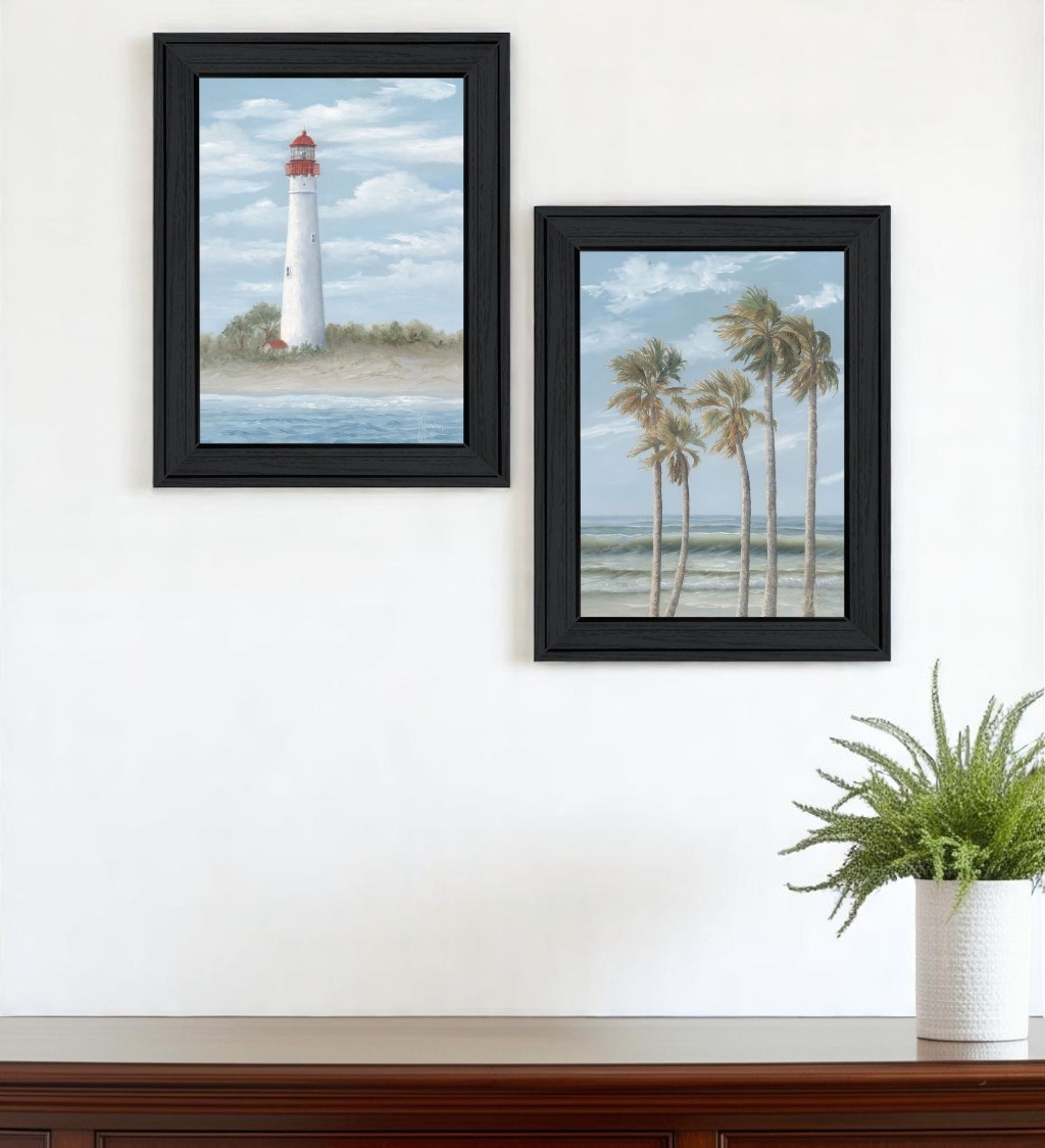 568579 Cape May Lighthouse & Palm Trees Black Framed Wall Art - Set of 2
