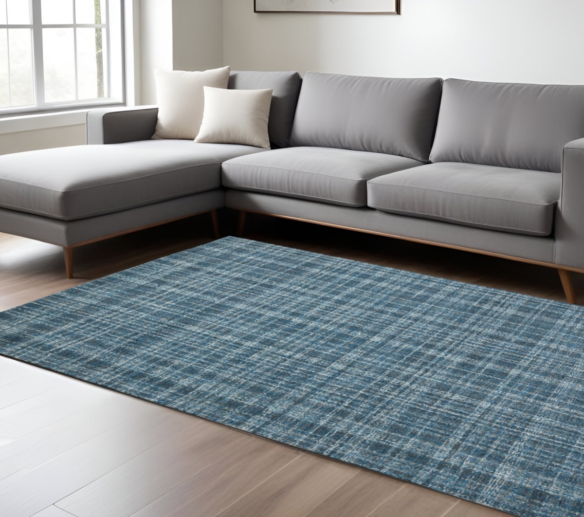 570511 9 x 12 ft. Wool Plaid Hand Tufted Rectangle Area Rug, Turquoise Gray & Ivory