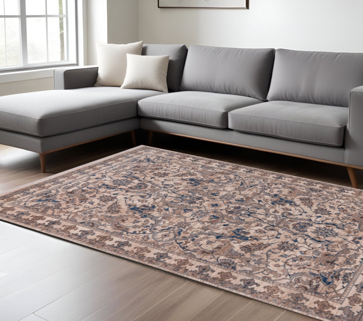 570914 7 x 10 ft. Tan & Blue Oriental Rectangle Area Rug with Fringe