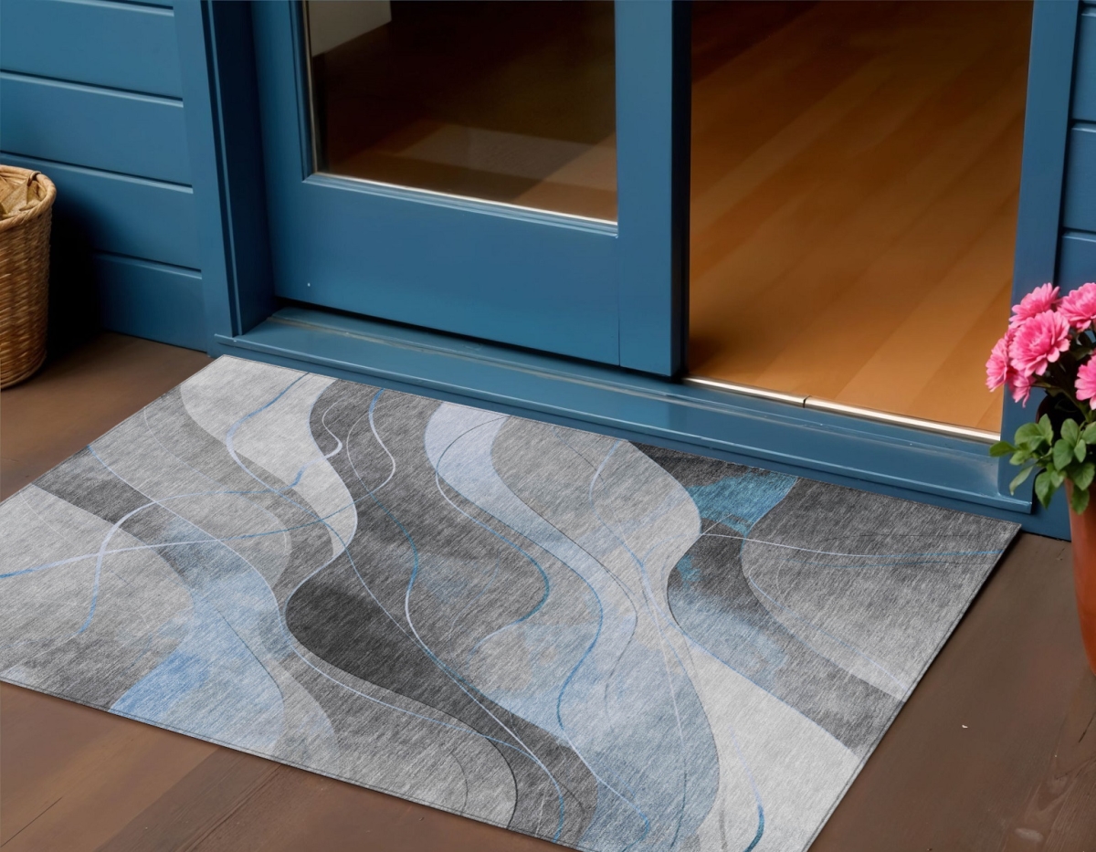 616766 3 x 5 ft. Sky Blue Gray & Silver Abstract Washable Indoor & Outdoor Rectangle Area Rug