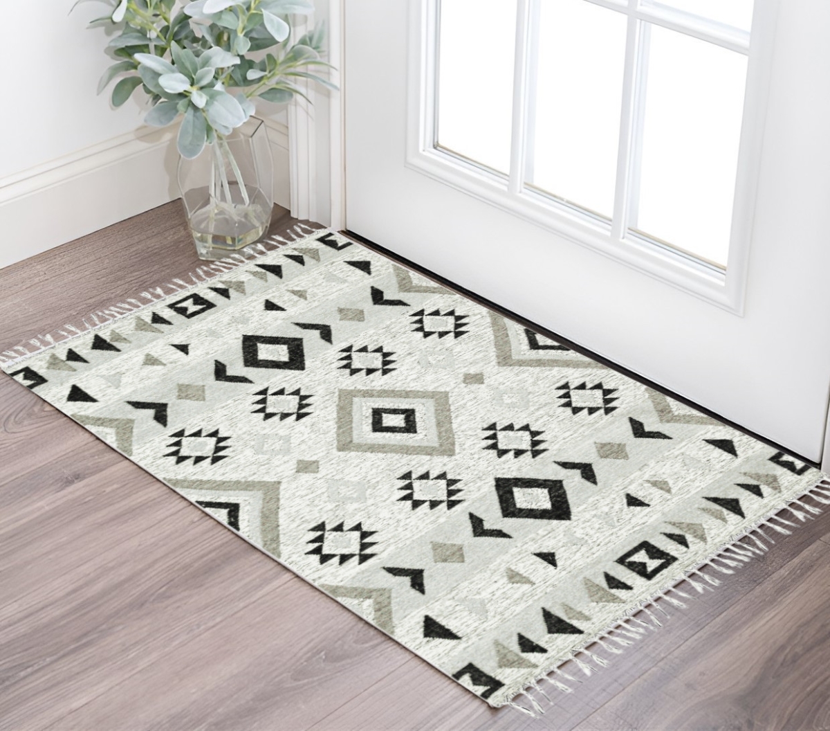 571091 3 x 5 ft. Silver Black & Gray Wool Tribal Flatweave Handmade Rectangle Area Rug with Fringe