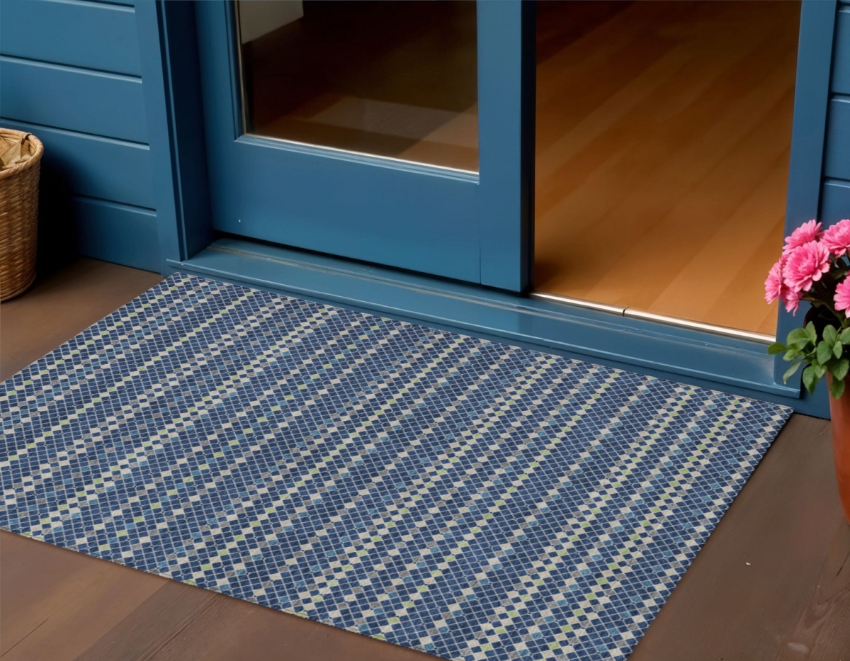 610546 3 x 5 ft. Navy Blue & Mint Green Striped Washable Indoor & Outdoor Rectangle Area Rug