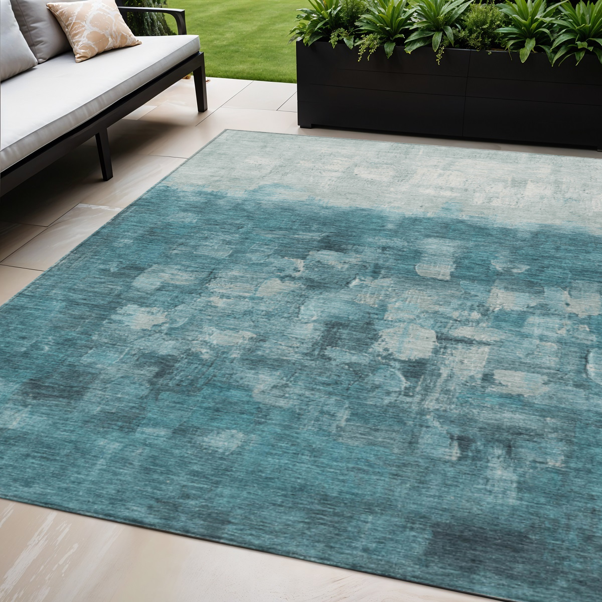 632096 5 x 8 ft. Teal Blue & Silver Abstract Washable Indoor & Outdoor Rectangle Area Rug