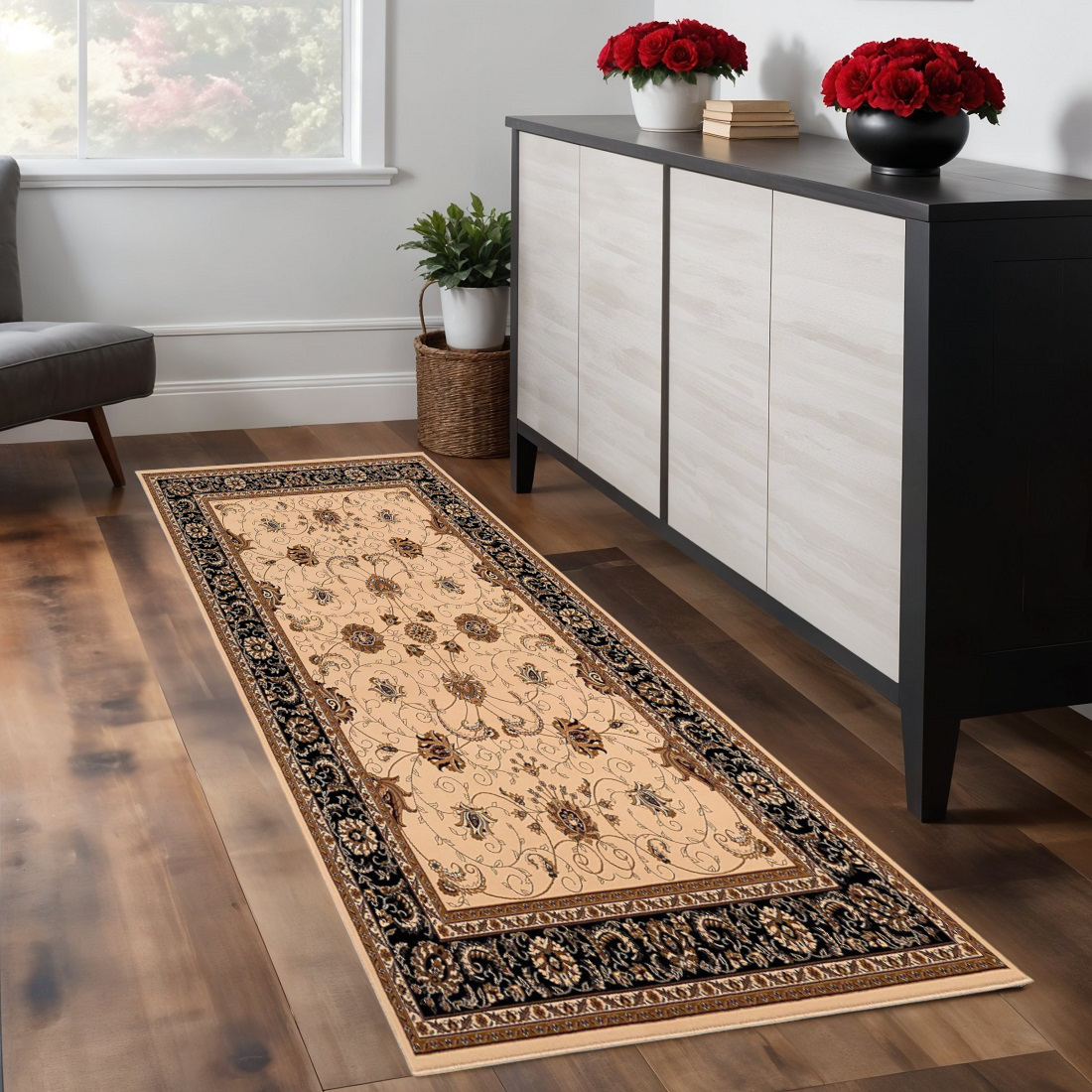 609761 9 ft. Black Tan & Brown Oriental Runner Rug