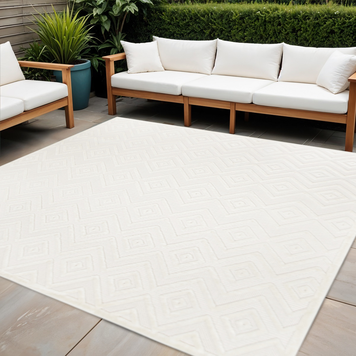556271 5 ft. Ivory & White Geometric Indoor & Outdoor Rectangle Area Rug