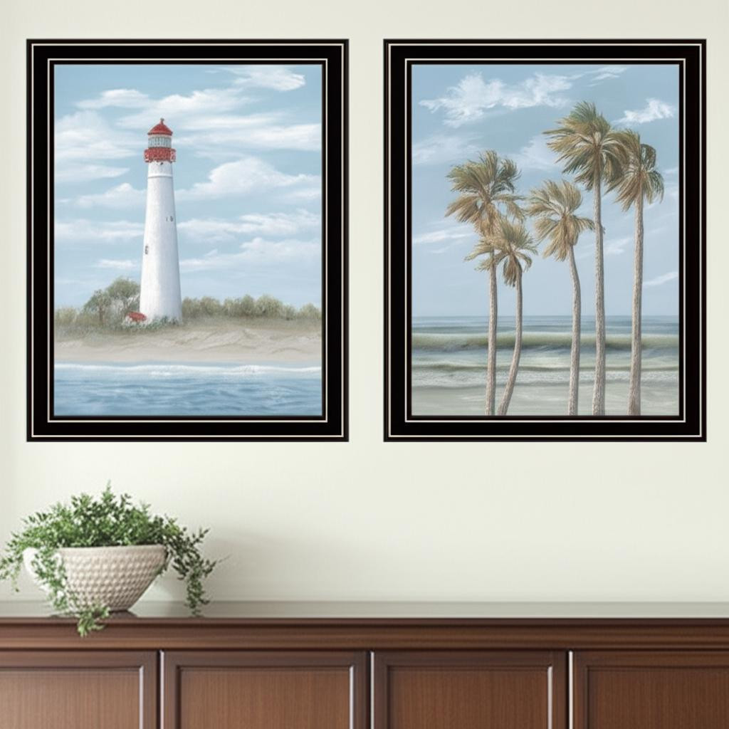 568581 Cape May Lighthouse & Palm Trees Black Framed Wall Art - Set of 2