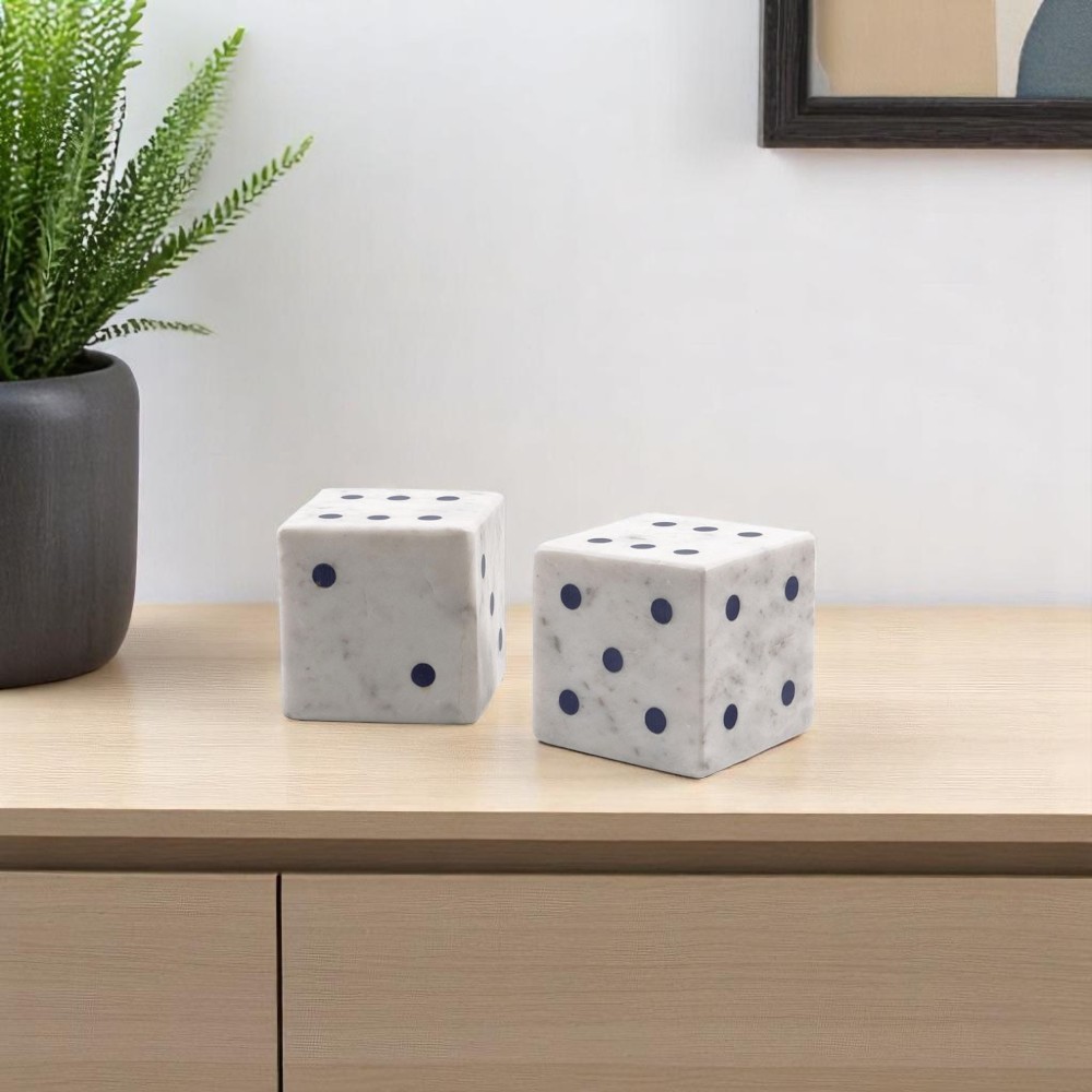 628151 White Marble Hand Painted Dice Tabletop Sculpture - Set of 2