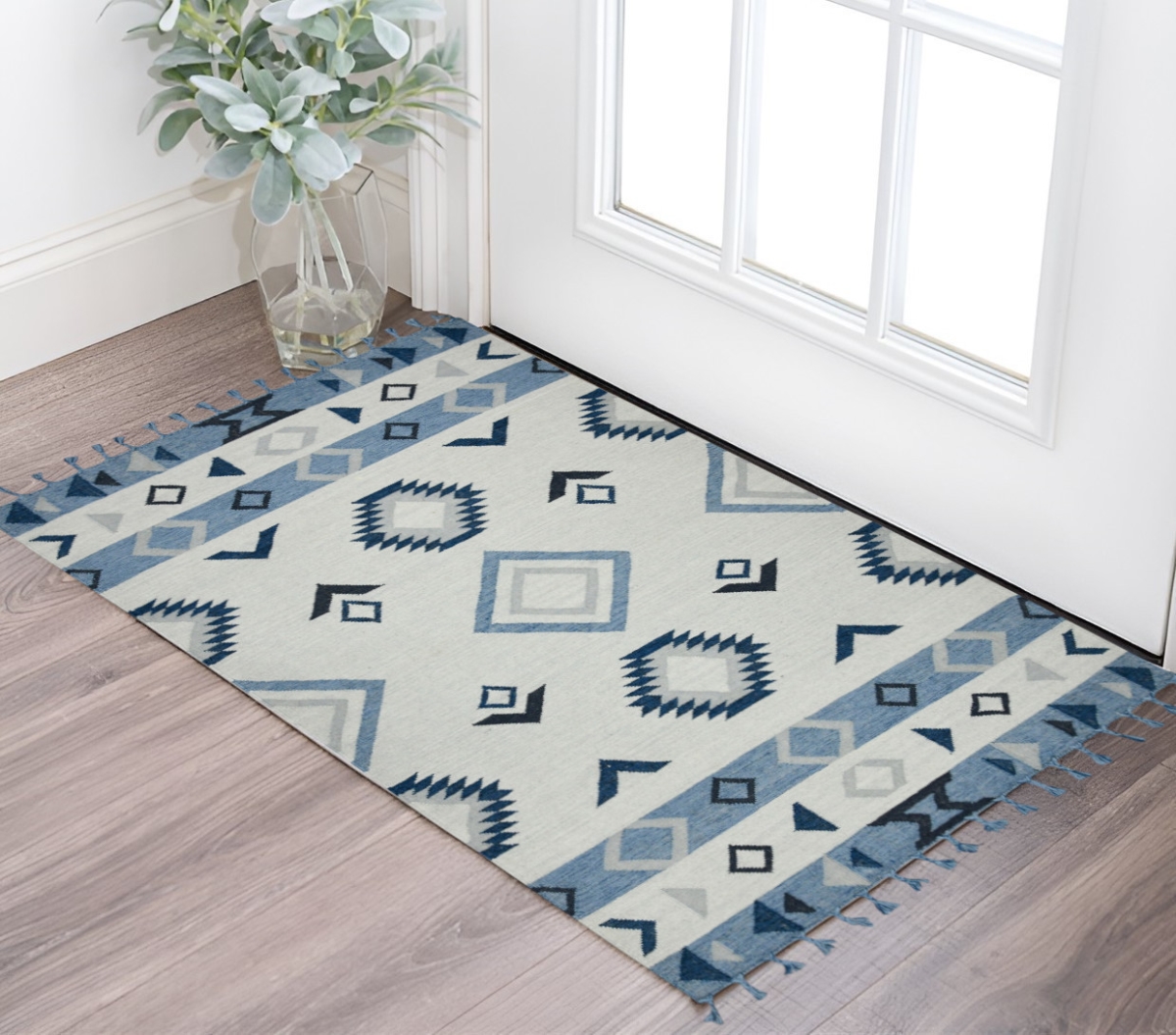 571158 2 x 3 ft. Sky Blue, Gray & Black Wool Tribal Flatweave Handmade Rectangle Area Rug with Fringe