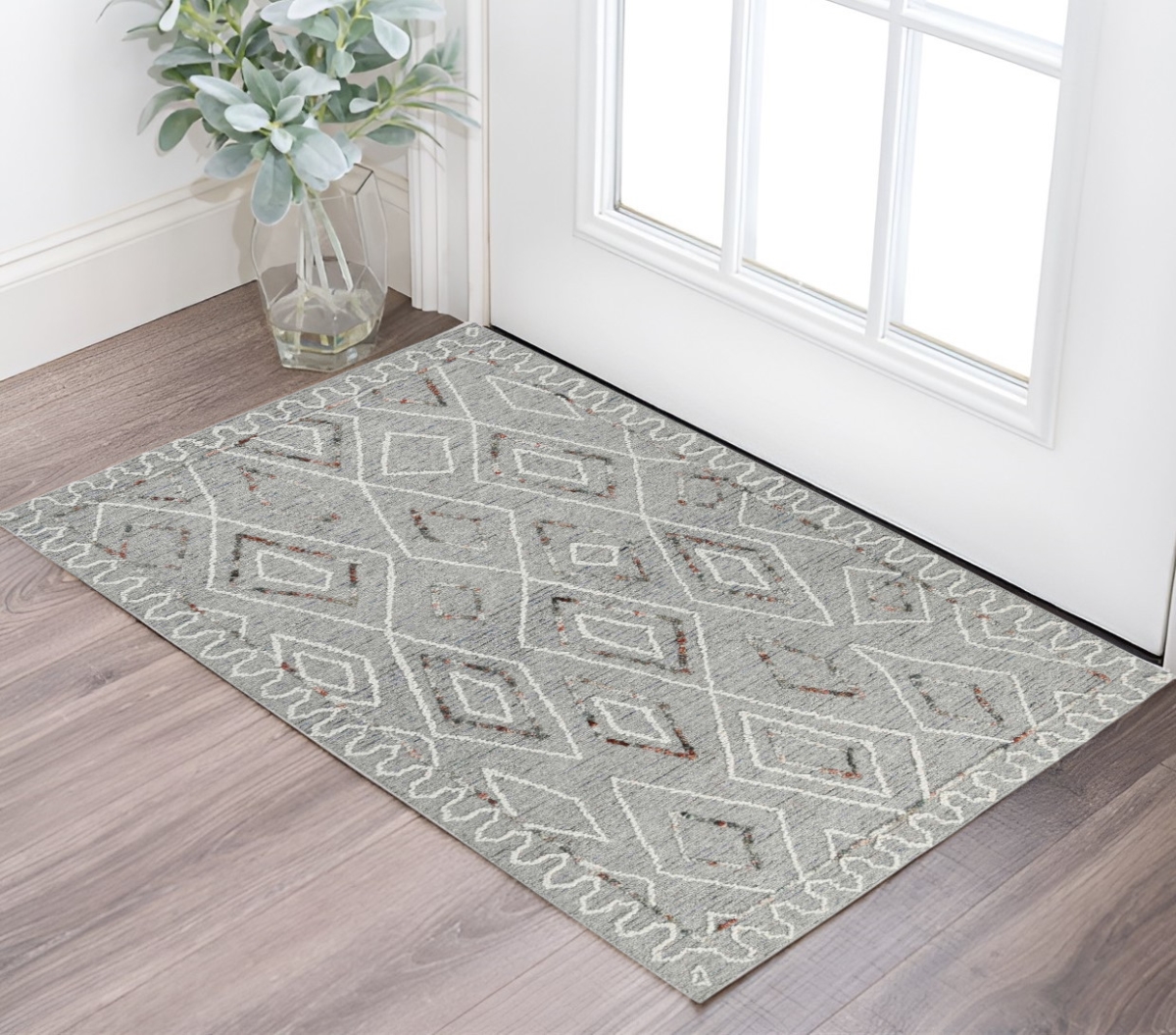 570331 2 x 3 ft. Gray Ivory & Rust Wool Geometric Hand Hooked Rectangle Area Rug