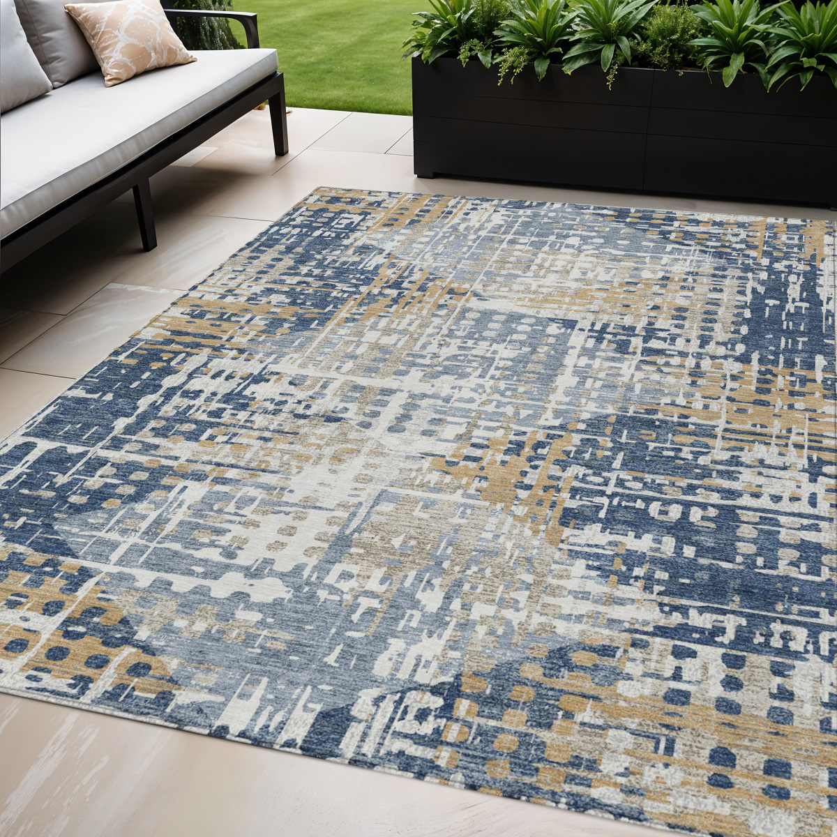 632006 5 x 8 ft. Navy Blue & Beige Geometric Washable Indoor & Outdoor Rectangle Area Rug