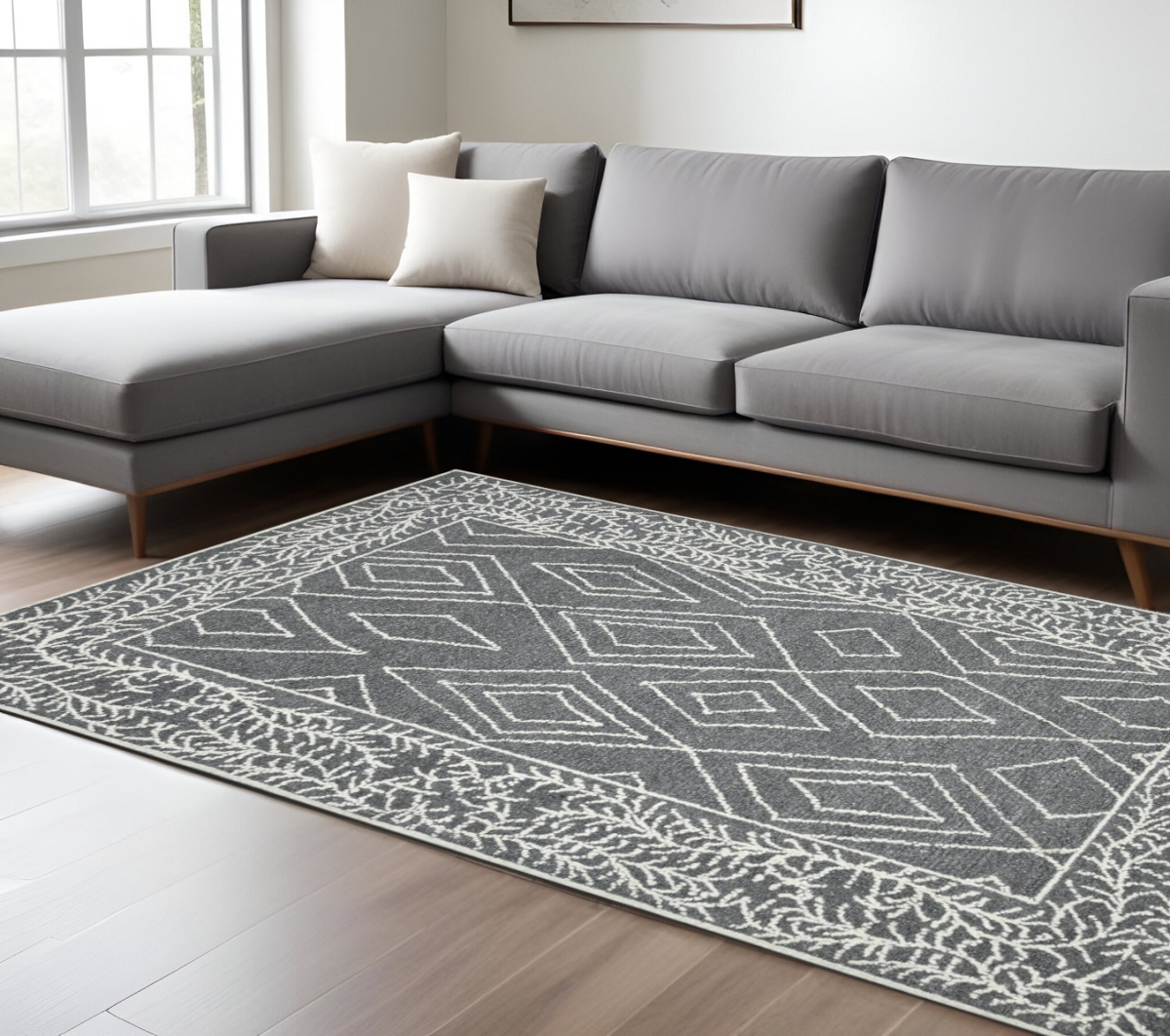 570326 9 x 13 ft. Gray & Ivory Wool Geometric Hand Hooked Rectangle Area Rug