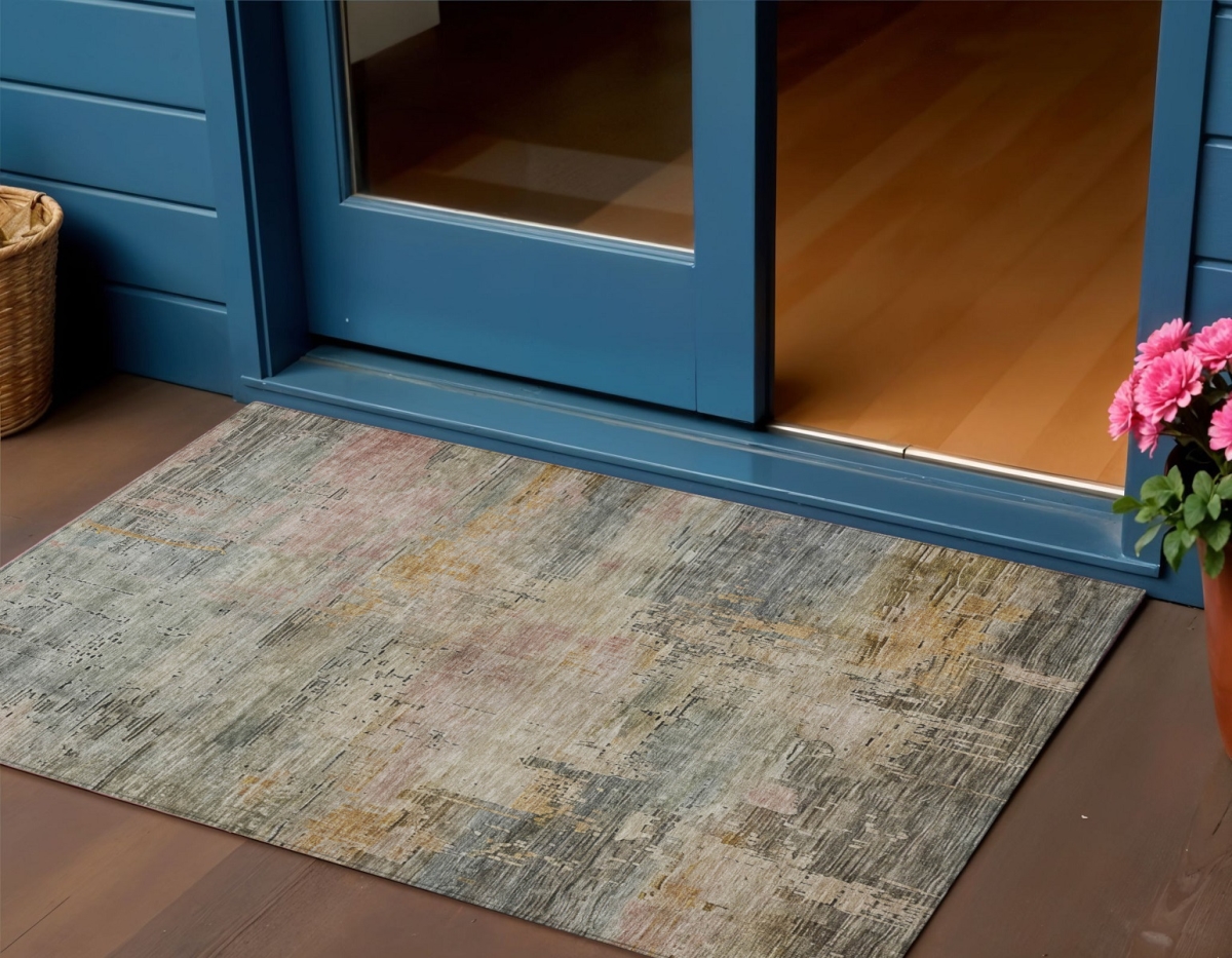 616250 3 x 5 ft. Sage & Beige Abstract Washable Indoor & Outdoor Rectangle Area Rug