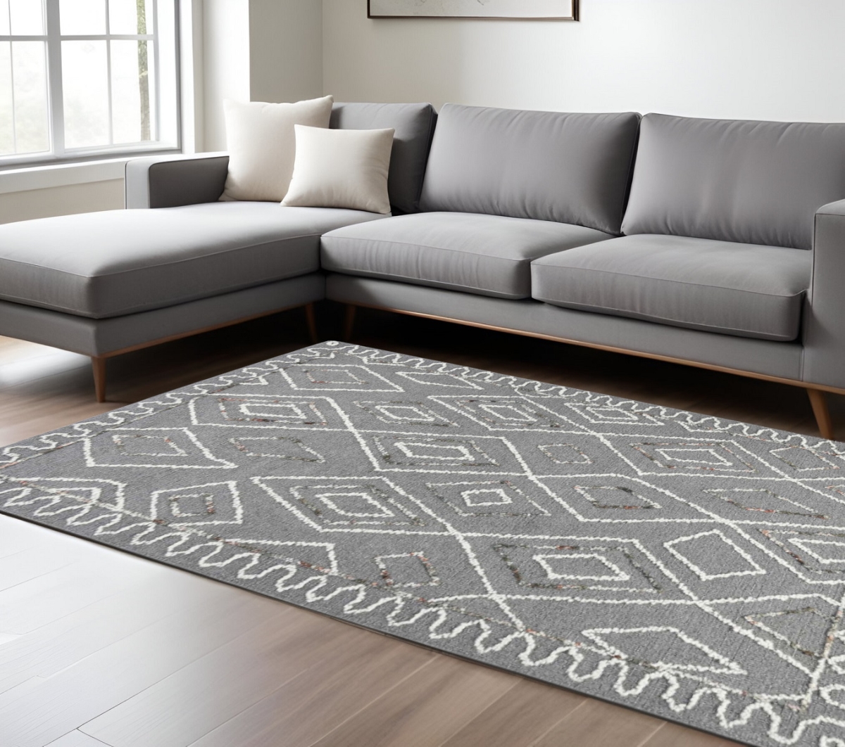 570338 9 x 13 ft. Dark Gray Ivory & Rust Wool Geometric Hand Hooked Rectangle Area Rug