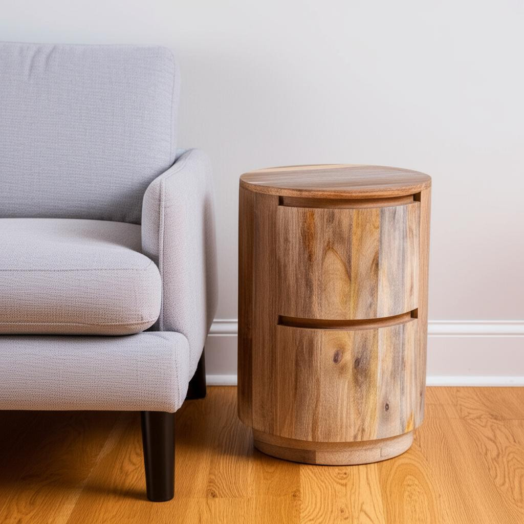 632716 24 in. Solid Wood Round Drum End Table with Two Drawers, Natural