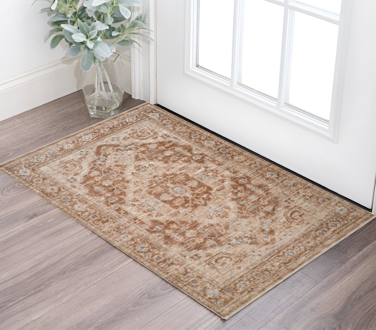 571143 2 x 3 ft. Sand & Brown Floral Medallion Rectangle Area Rug with Fringe