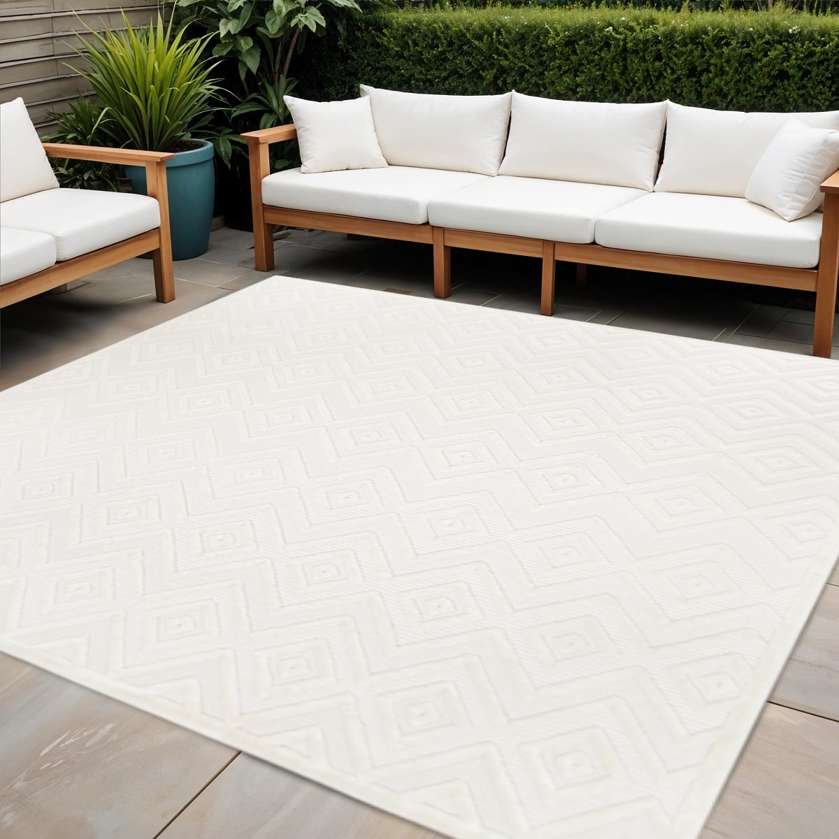 555946 9 ft. Ivory & White Square Geometric Indoor Outdoor Area Rug
