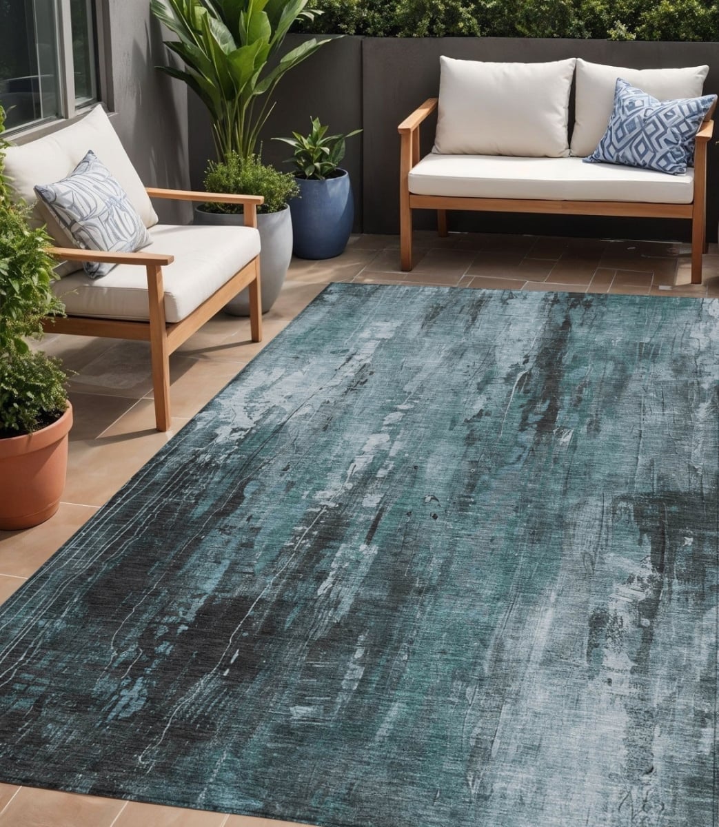 617669 5 x 8 ft. Teal Blue Gray & Ivory Abstract Washable Indoor & Outdoor Rectangle Area Rug
