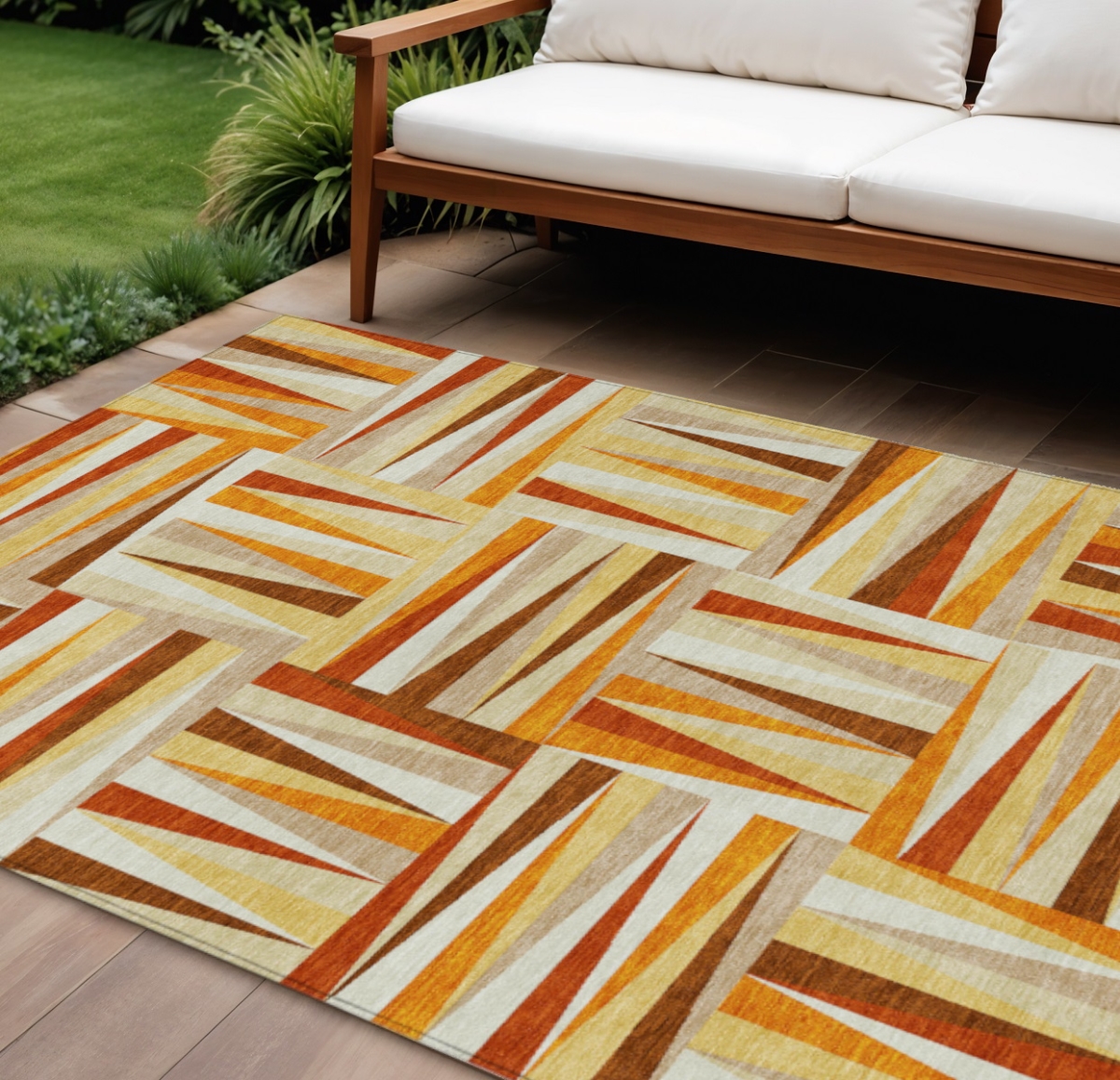 598289 8 x 10 ft. Orange Ivory & Copper Geometric Washable Indoor & Outdoor Rectangle Area Rug