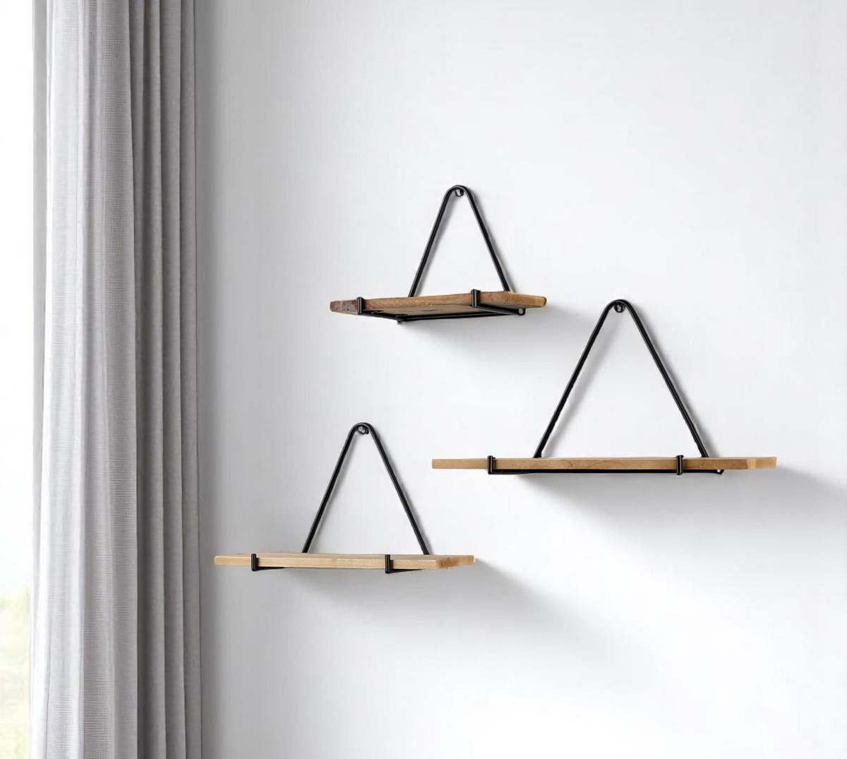 608673 Black & Brown Metal & Solid Wood Triangle Wall Mounted Accent Shelves - Set of 3
