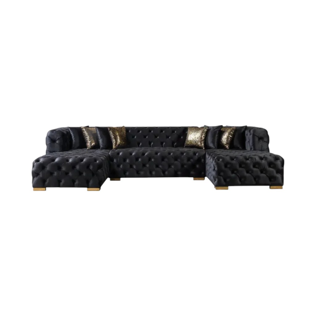 642270 Tufted Black Velvet Modular U Shaped Sofa & Chaise Sectional with Toss Pillows