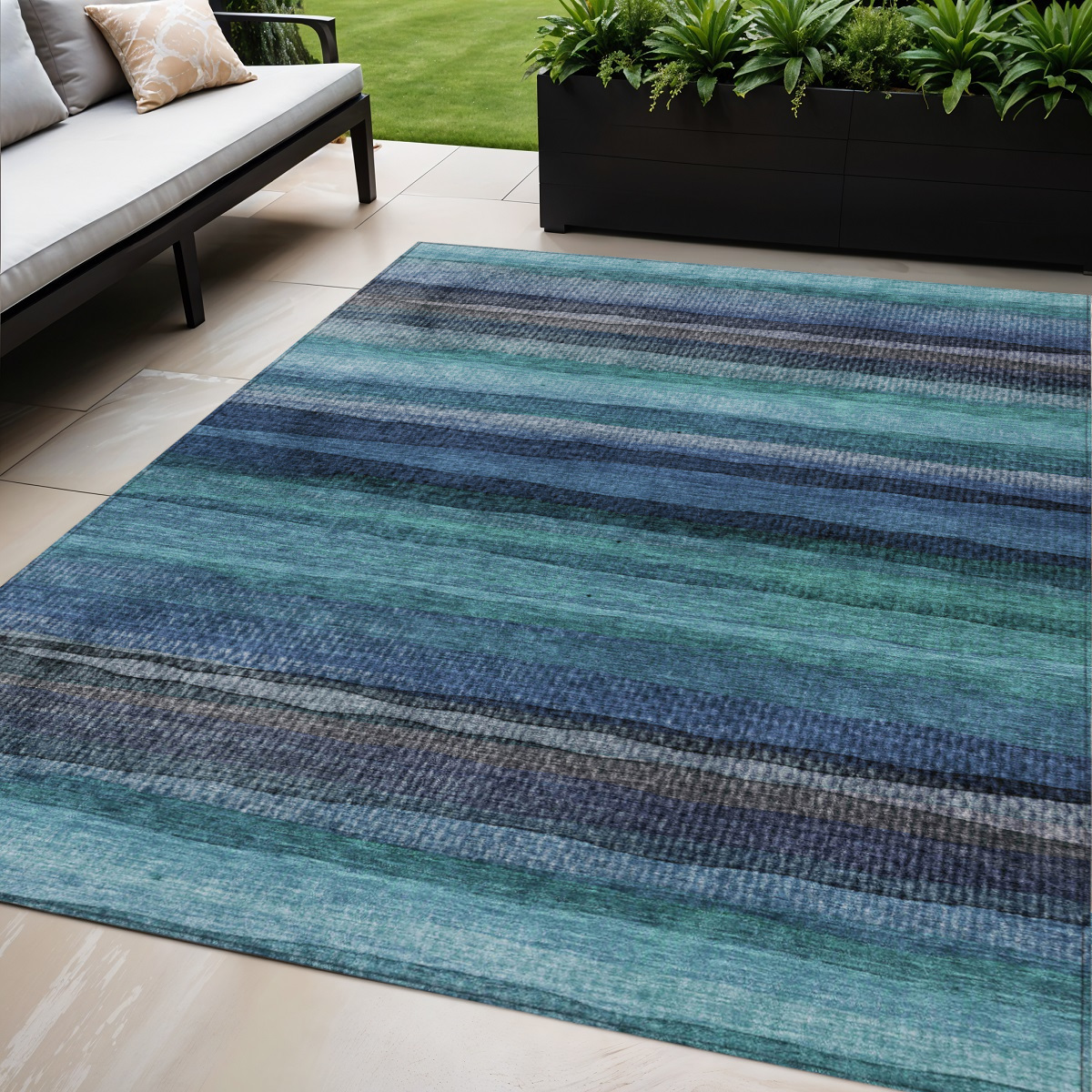 631222 5 x 8 ft. Teal Blue Aqua & Navy Blue Striped Washable Indoor & Outdoor Rectangle Area Rug