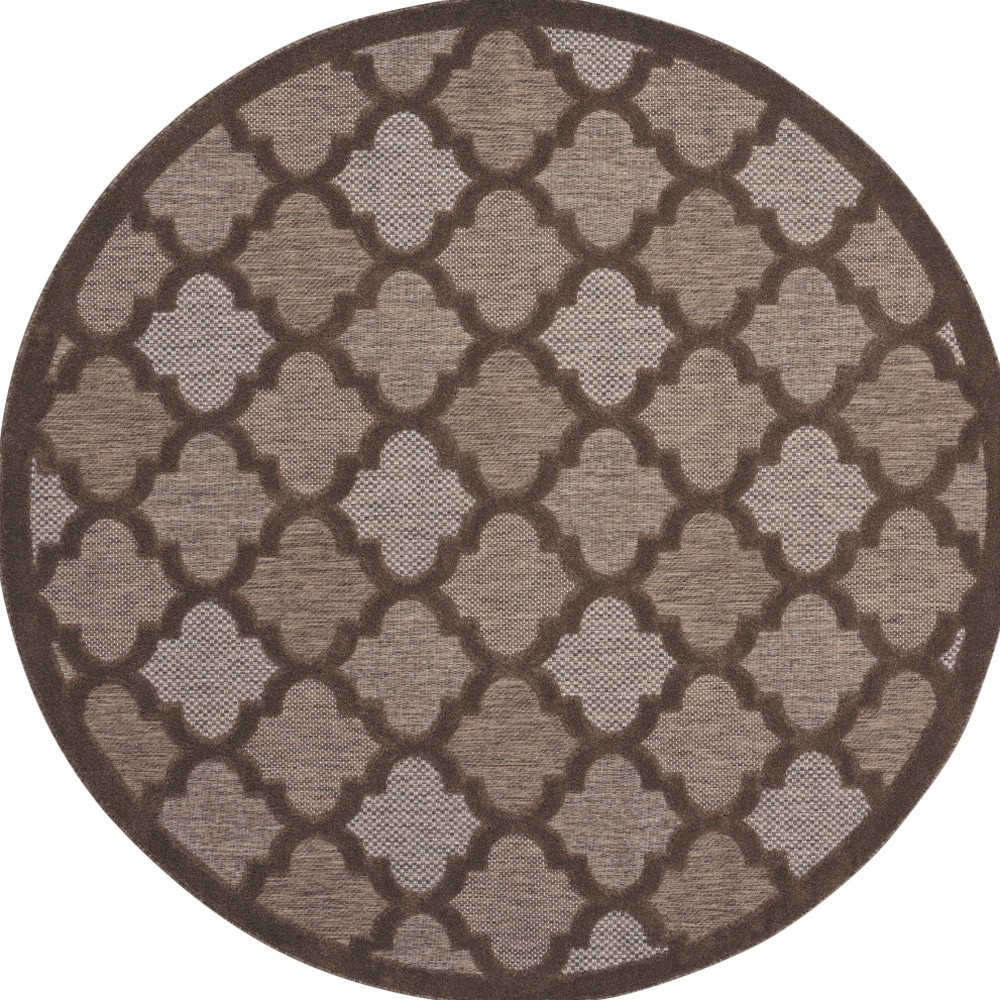 572802 8 ft. Brown Round Geometric Indoor & Outdoor Area Rug