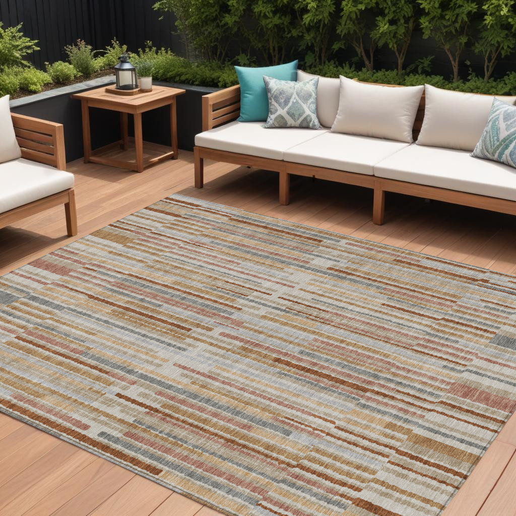 631556 10 x 14 ft. Rust & Ivory Striped Washable Indoor & Outdoor Rectangle Area Rug