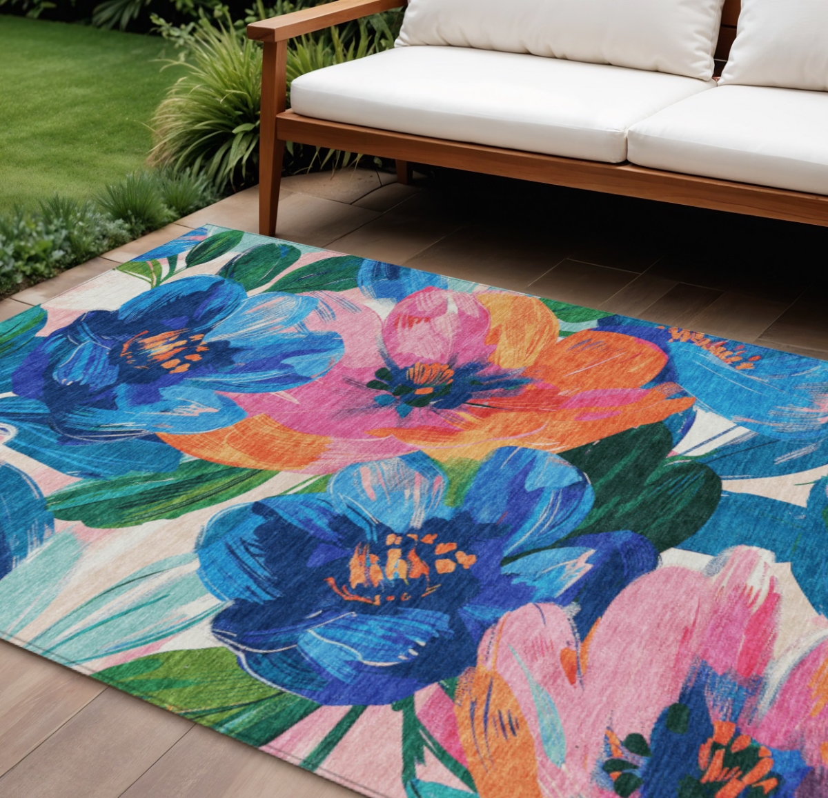 611074 8 x 10 ft. Navy Blue & Sky Blue Floral Washable Indoor & Outdoor Rectangle Area Rug