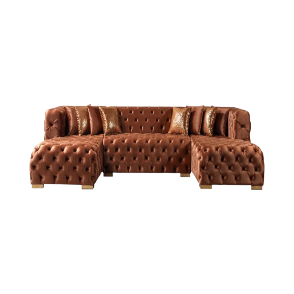 642273 Tufted Orange Velvet Modular U Shaped Sofa & Chaise Sectional with Toss Pillows