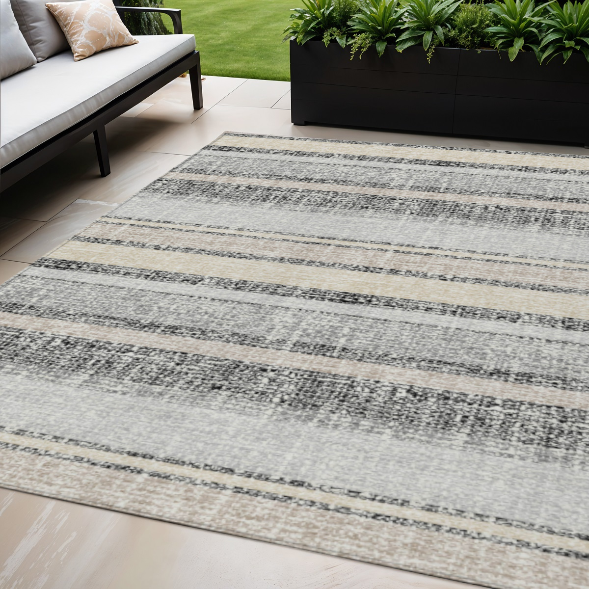 632198 5 x 8 ft. Black & Silver Striped Washable Indoor & Outdoor Rectangle Area Rug