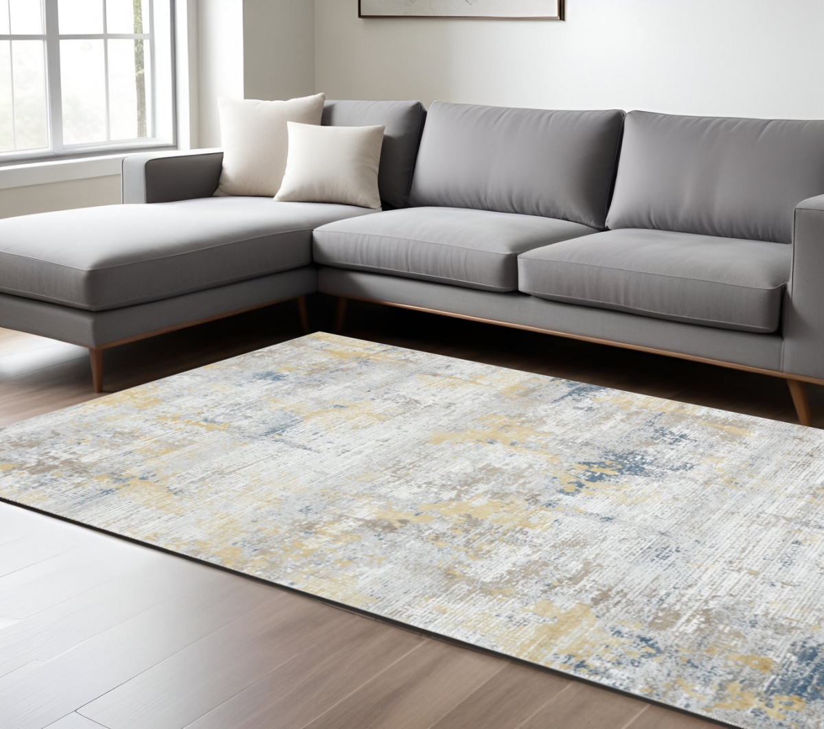 570884 8 x 10 ft. Gold Ivory & Blue Abstract Rectangle Area Rug