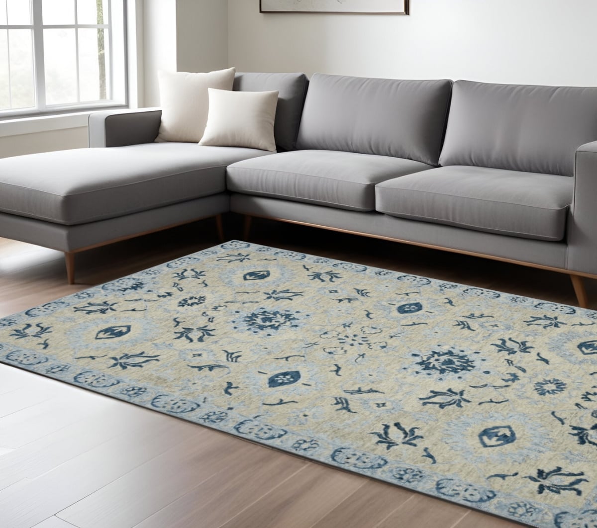 570398 9 x 13 ft. Gray Dark Blue & Light Blue Wool Floral Medallion Hand Hooked Rectangle Area Rug