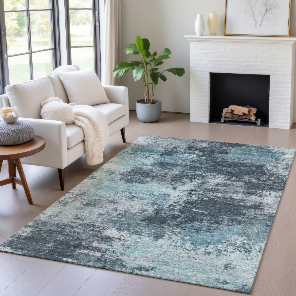 630662 10 x 14 ft. Teal Blue & Navy Blue Abstract Washable Indoor & Outdoor Rectangle Area Rug