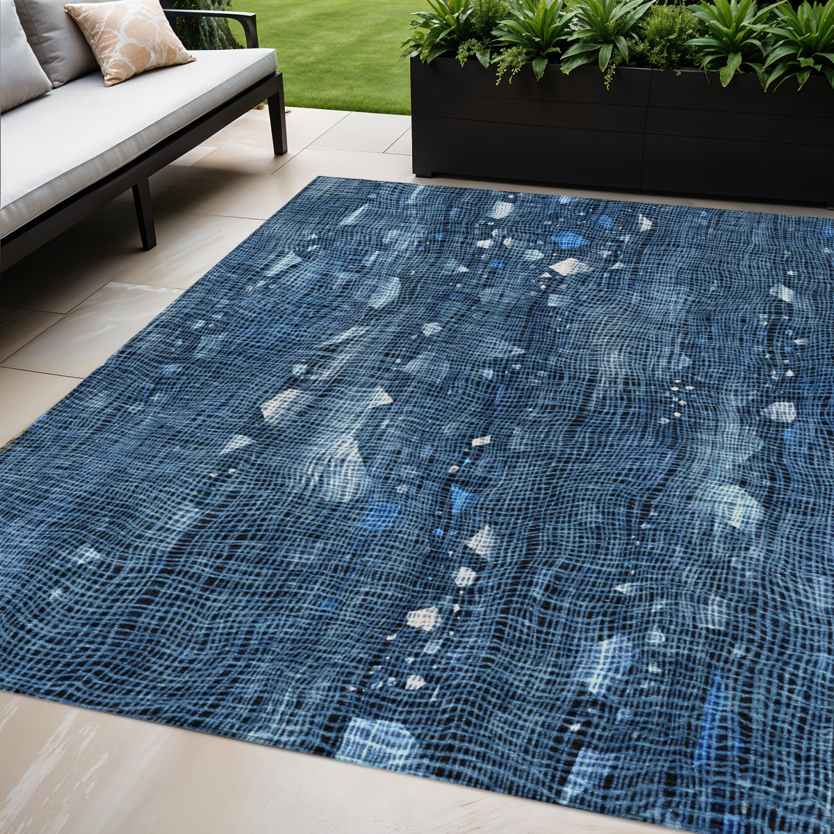 631162 5 x 8 ft. Blue & Ivory Abstract Washable Indoor & Outdoor Rectangle Area Rug