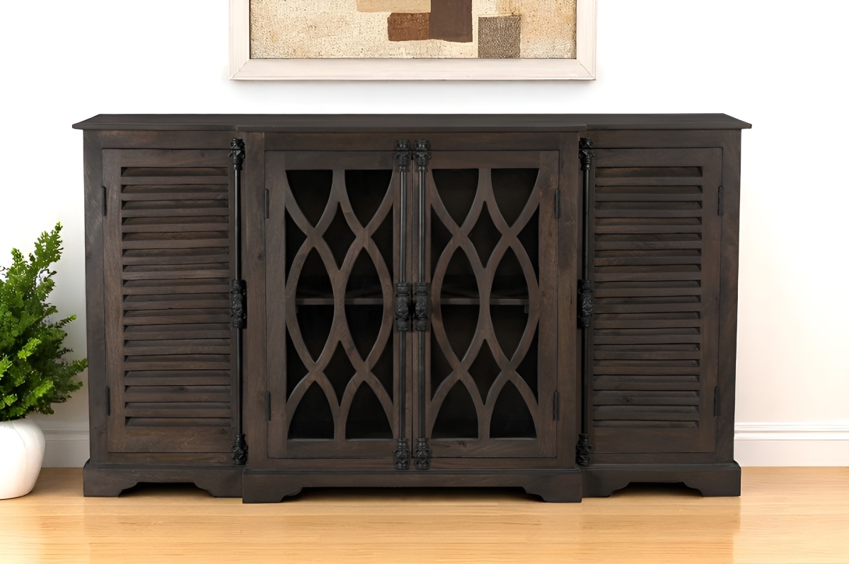 634319 70 in. Dark Brown Solid Wood Carved Geometric Sideboard with Four Doors