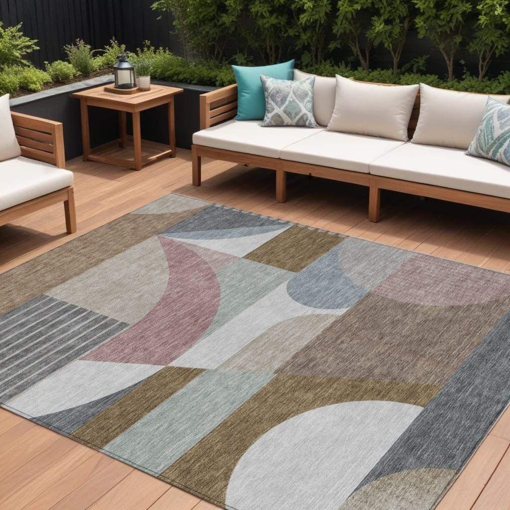 616734 9 x 12 ft. Brown Ivory & Mauve Geometric Washable Indoor & Outdoor Rectangle Area Rug