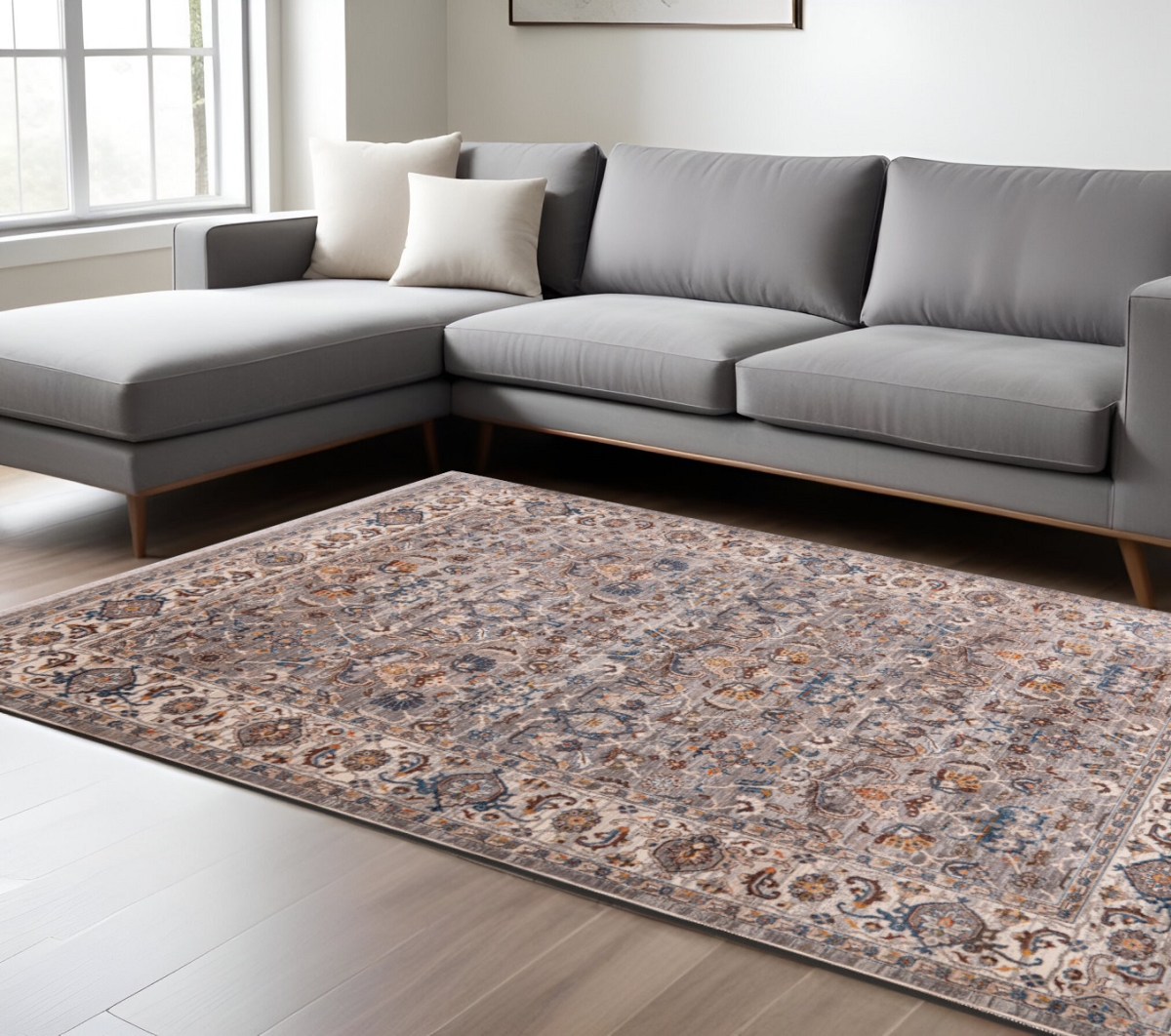 570919 7 x 10 ft. Gray Tan & Beige Oriental Rectangle Area Rug with Fringe