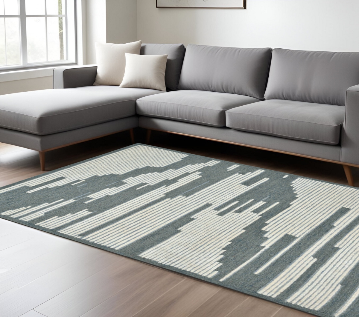 570377 8 x 10 ft. Blue & Ivory Wool Abstract Hand Hooked Rectangle Area Rug