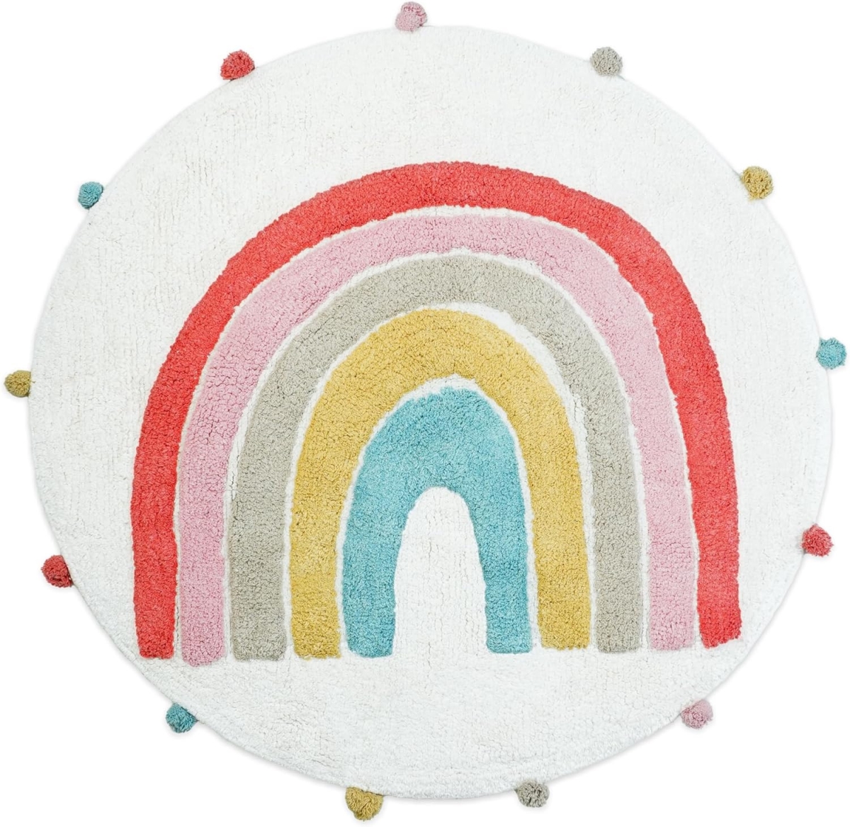 Youthful Rainbow Bath Rug - White Pink & Yellow - 32 in. Round - Machine Washable
