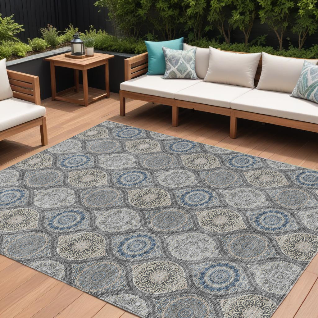 614592 10 x 14 ft. Gray Ivory & Navy Blue Floral Medallion Washable Indoor & Outdoor Rectangle Area Rug