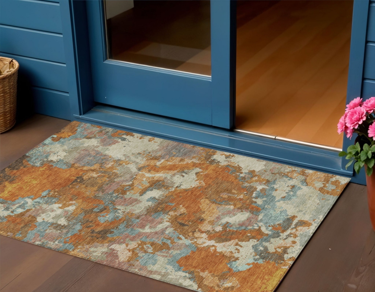 609588 3 x 5 ft. Copper & Orange Abstract Washable Indoor & Outdoor Rectangle Area Rug