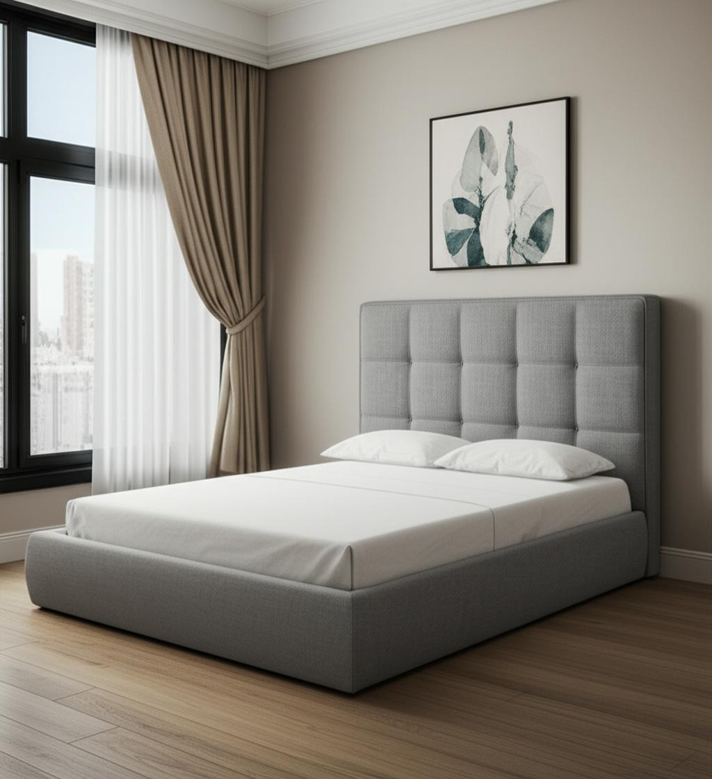 606425 Gray Tufted Linen Blend Upholstered Queen Bed Frame