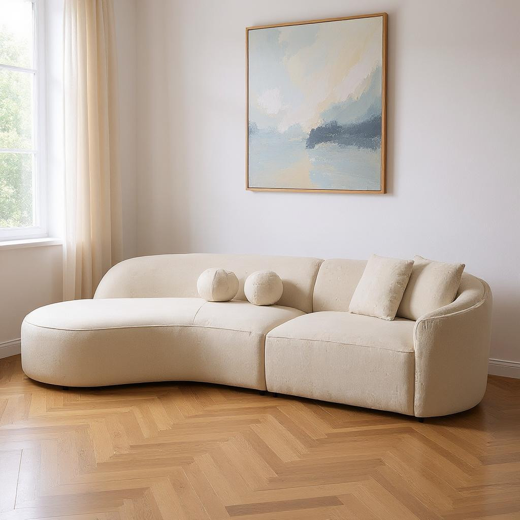 643971 Ivory Boucle Modular Curved 2 Piece Sofa & Chaise Sectional with Toss Pillows