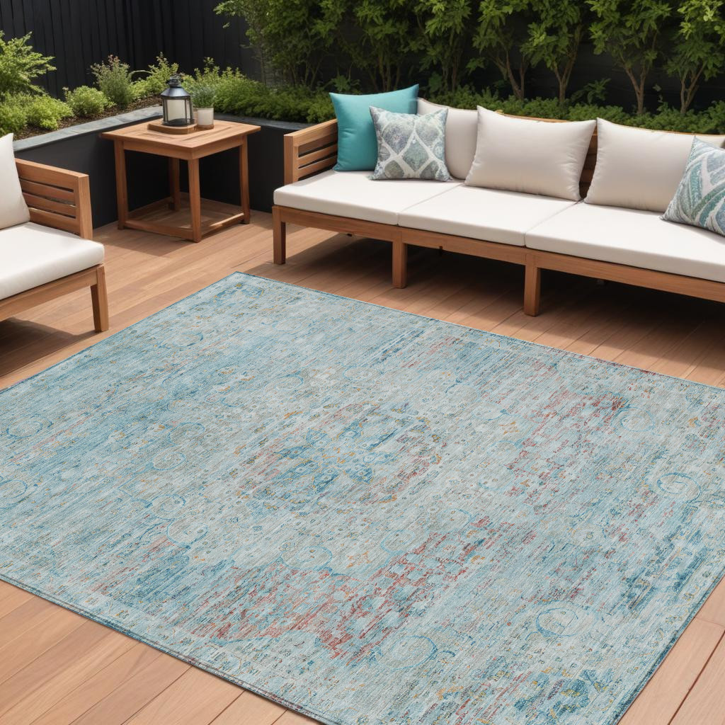 615744 9 x 12 ft. Sky Blue & Blush Medallion Washable Indoor & Outdoor Rectangle Area Rug