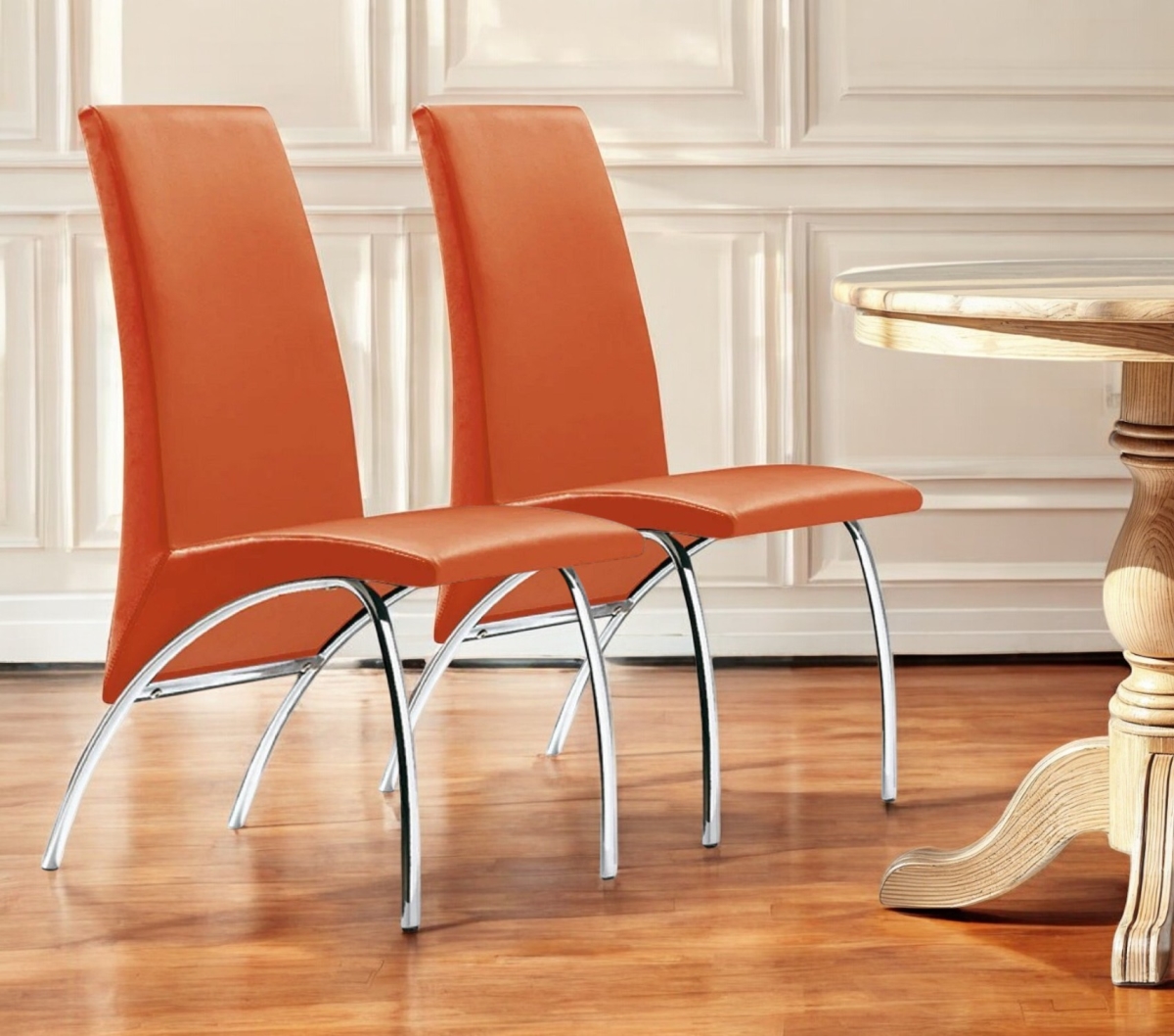 553879 Orange & Silver Upholstered Faux Leather Dining Side Chairs - Set of 2