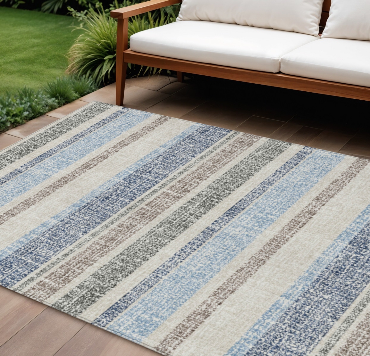 632232 10 x 14 ft. Navy Blue & Beige Striped Washable Indoor & Outdoor Rectangle Area Rug