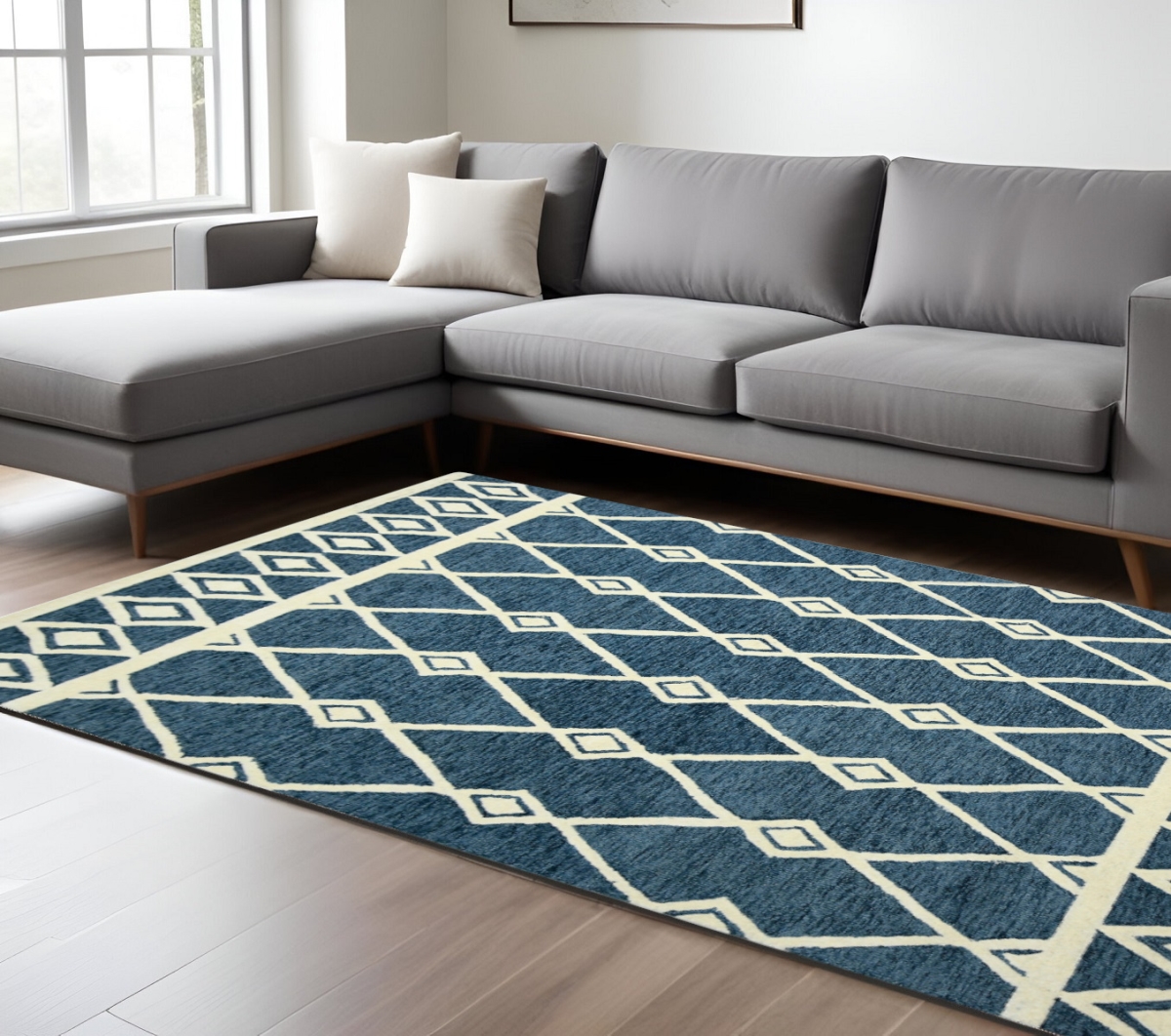 570442 9 x 13 ft. Blue & Ivory Wool Argyle Hand Hooked Rectangle Area Rug