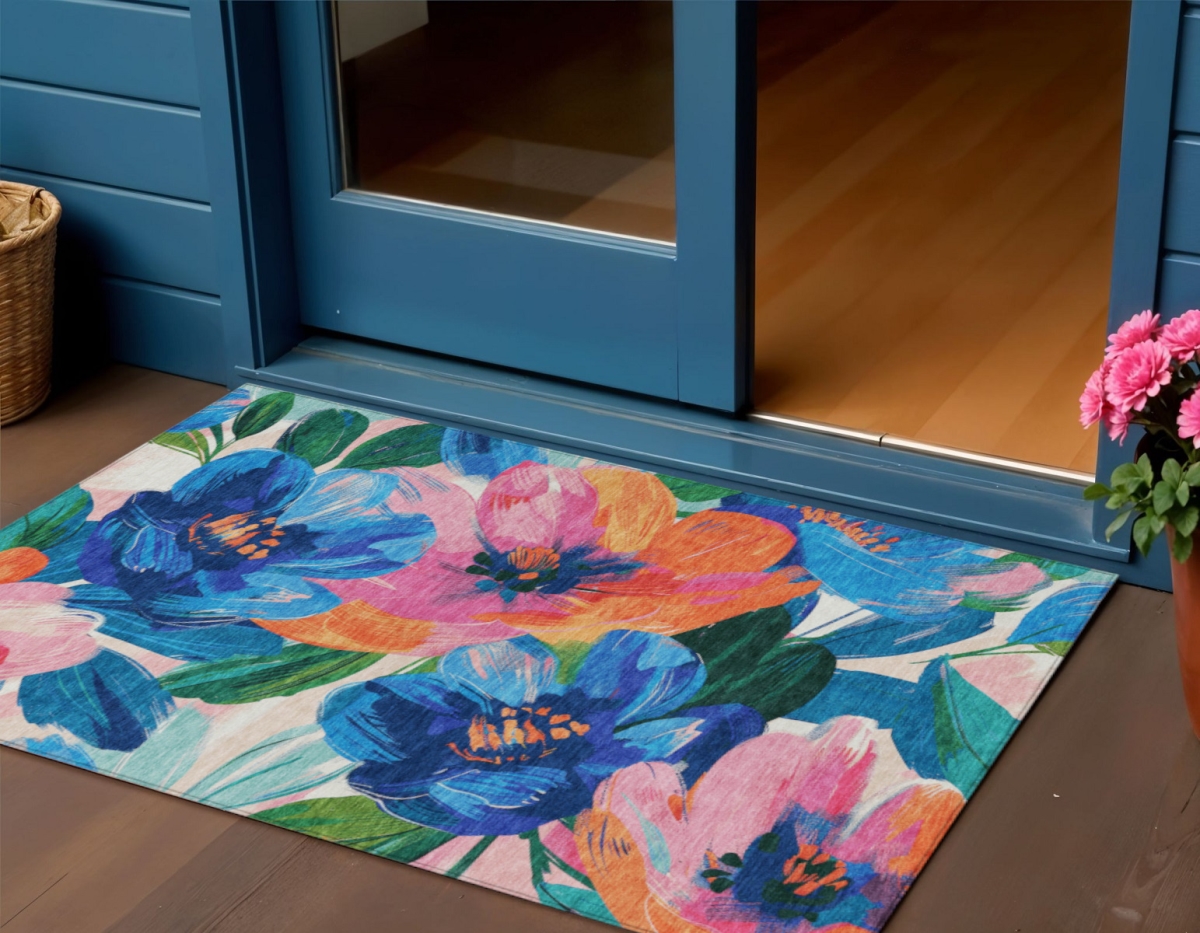 611071 3 x 5 ft. Navy Blue & Sky Blue Floral Washable Indoor & Outdoor Rectangle Area Rug
