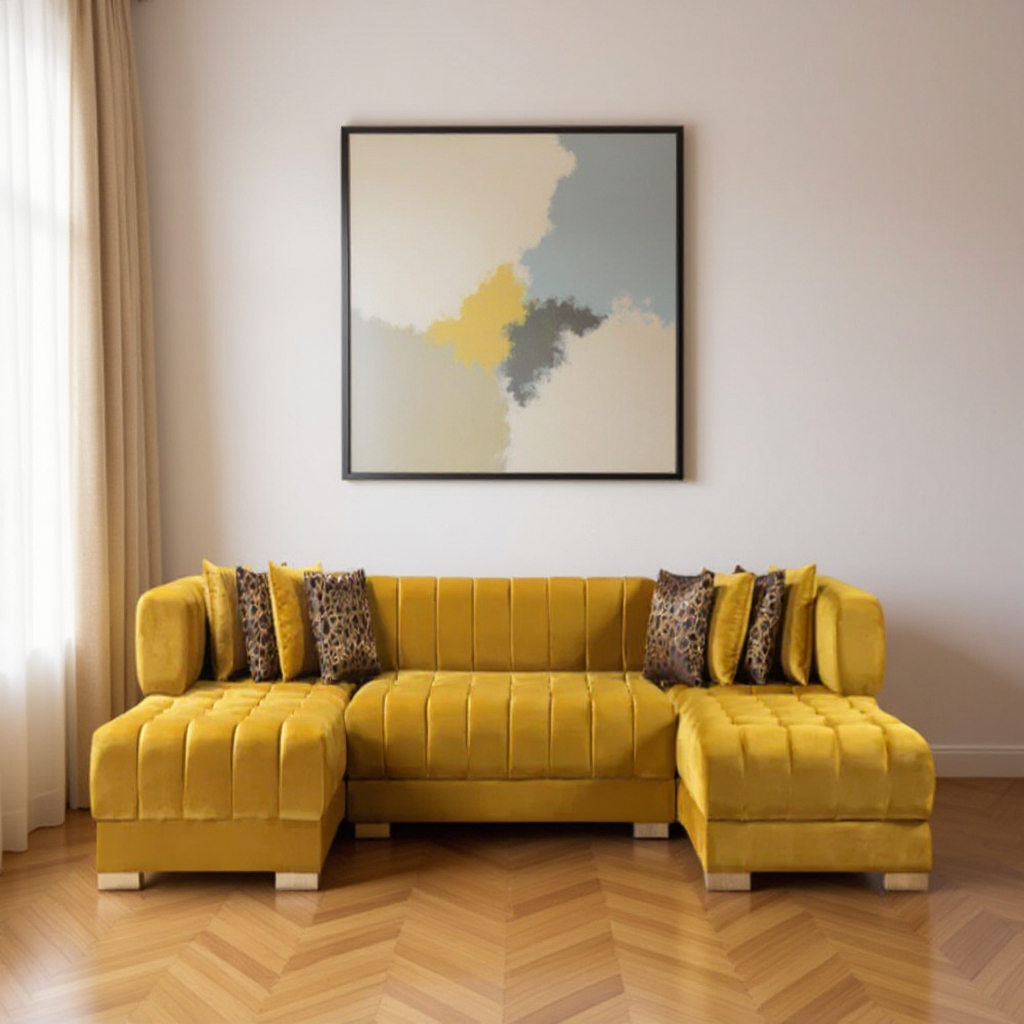 643885 Mustard Velvet U Shaped 3 Piece Sofa & Chaise Sectional with Toss Pillows